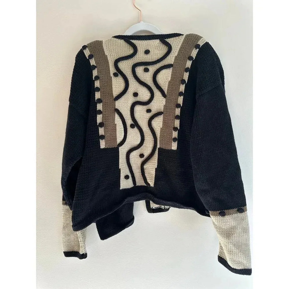 Vintage Sandra Miller Handloomed Artwear Deco Cardigan Grandmacore OS Black Tan - Picture 2 of 5